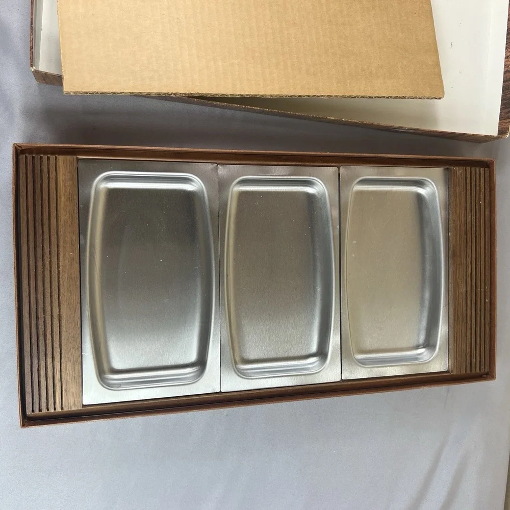 Vintage Foley Flair 3 Tray Server Solid Walnut Stainless Steel w/ Original Box